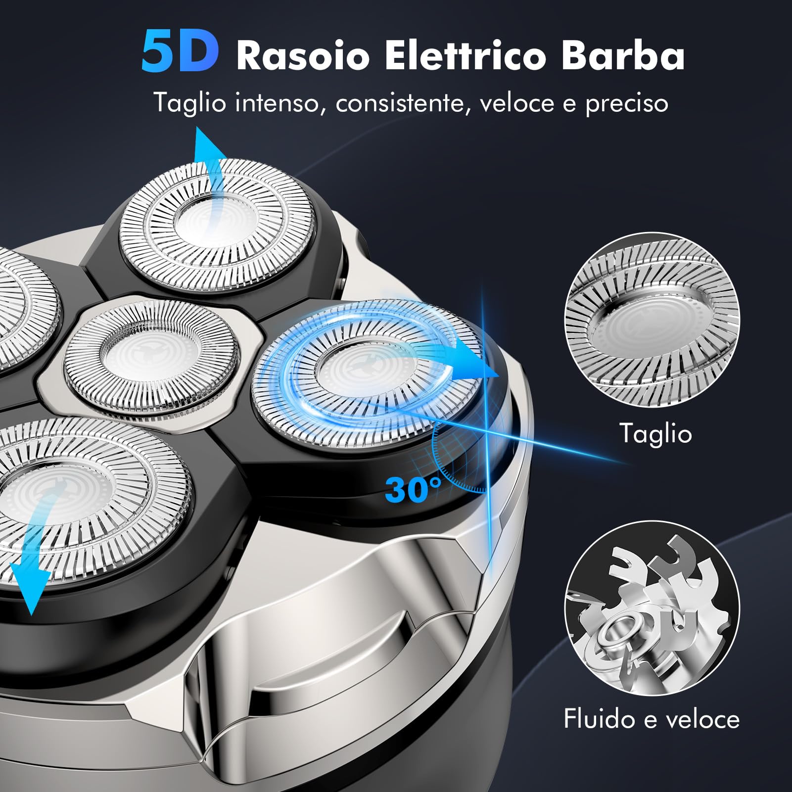 Rasoio Testa Calva, Rasoio Elettrico Barba, 5D Rasoio Capelli Uomo Testa con Rasoio Testa Magnetiche, Wet & Dry 100% Lavabile, USB Ricaricabile Senza Fili MOJO 1 2K
