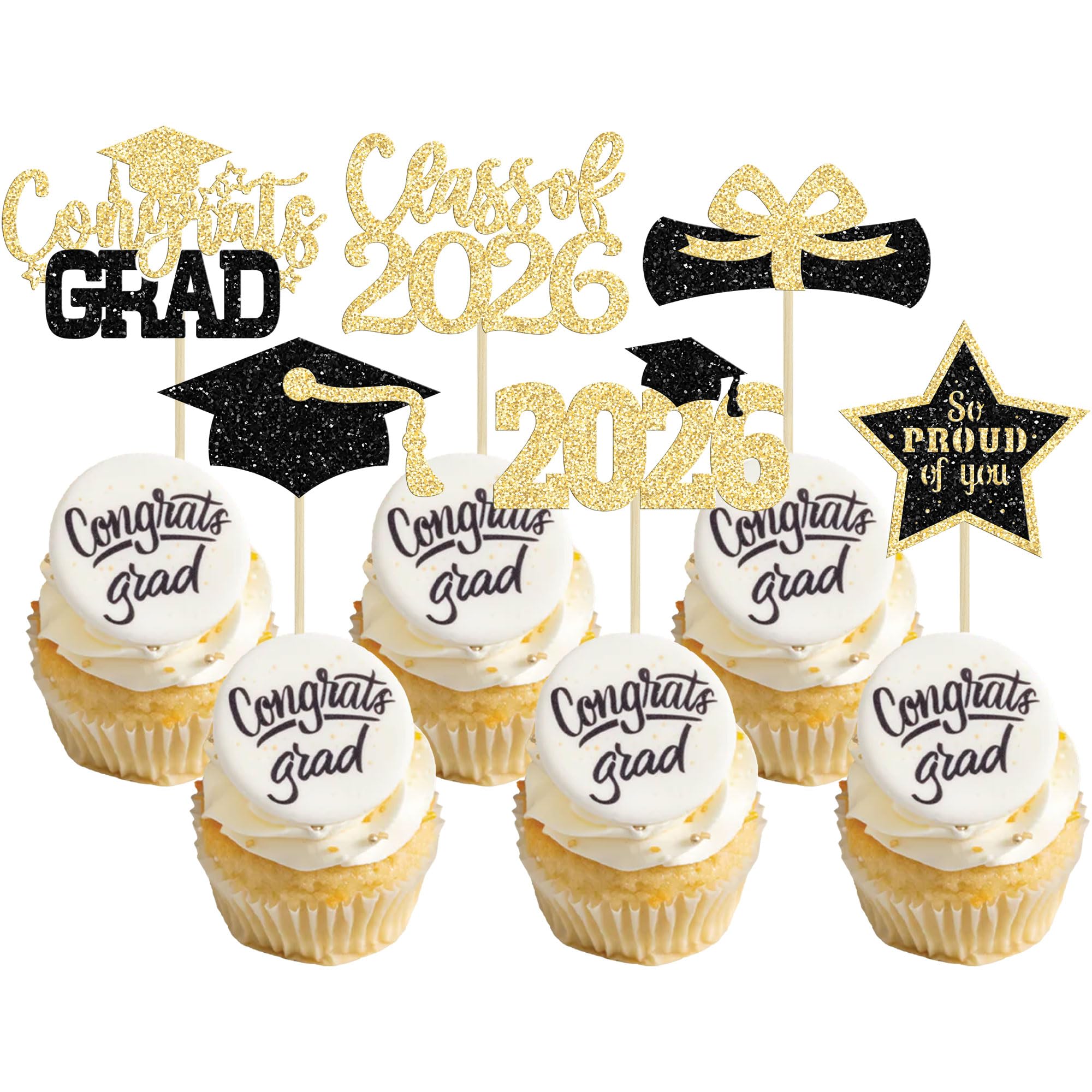 Gyufise 24Pcs Graduation Cupcake Toppers Glitter Congrats Grad Cake Topper Black and Gold Graduation Decorations 2026 Cap Diploma Cake Picks for Grad Party Decor Supplies Gold 1 — image 1