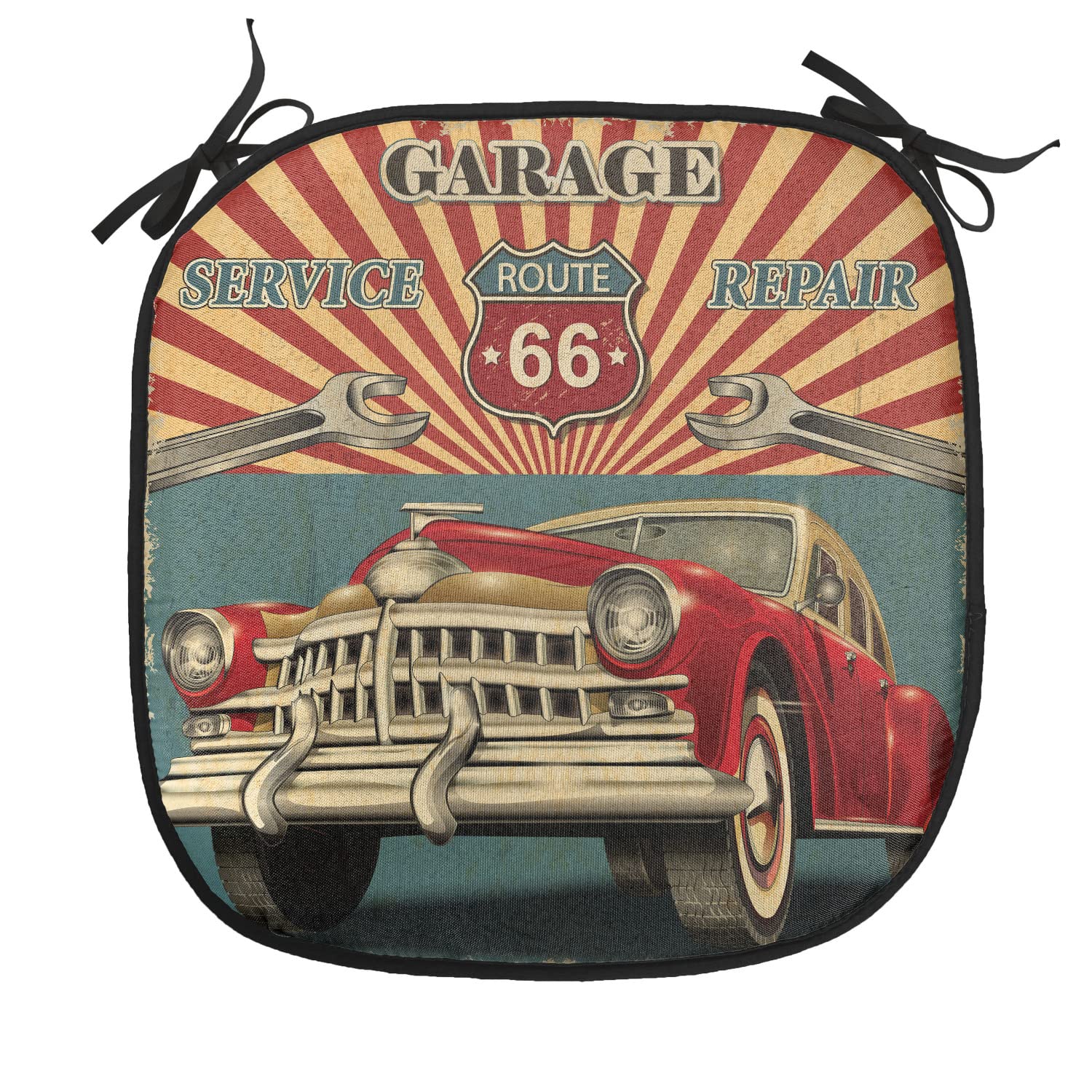 Lunarable Americana Chair Cushion Pads Set of 4, Vintage Garage Artwork with a Nostalgic Car Illustration Retro Vibes Route 66 Print, Anti-slip Seat Padding for Kitchen & Patio, 16