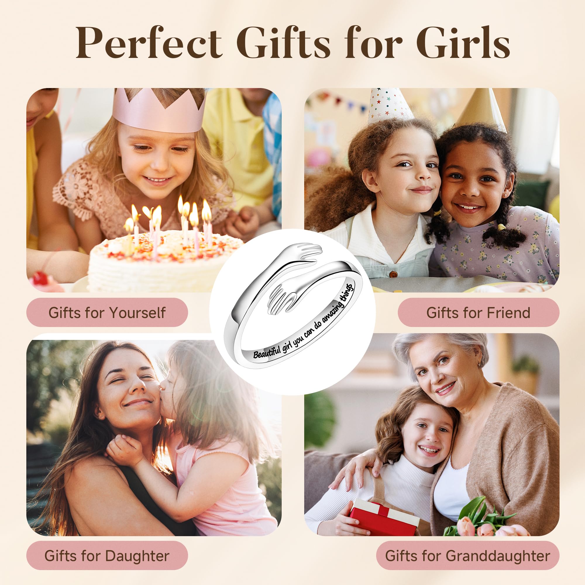 IEFLIFE Regalo per ragazze adolescenti, anello regolabile in argento per donne e ragazze, regalo di compleanno e laurea per figlia, nipote da mamma, nonna, ragazza adolescente, anello da abbraccio