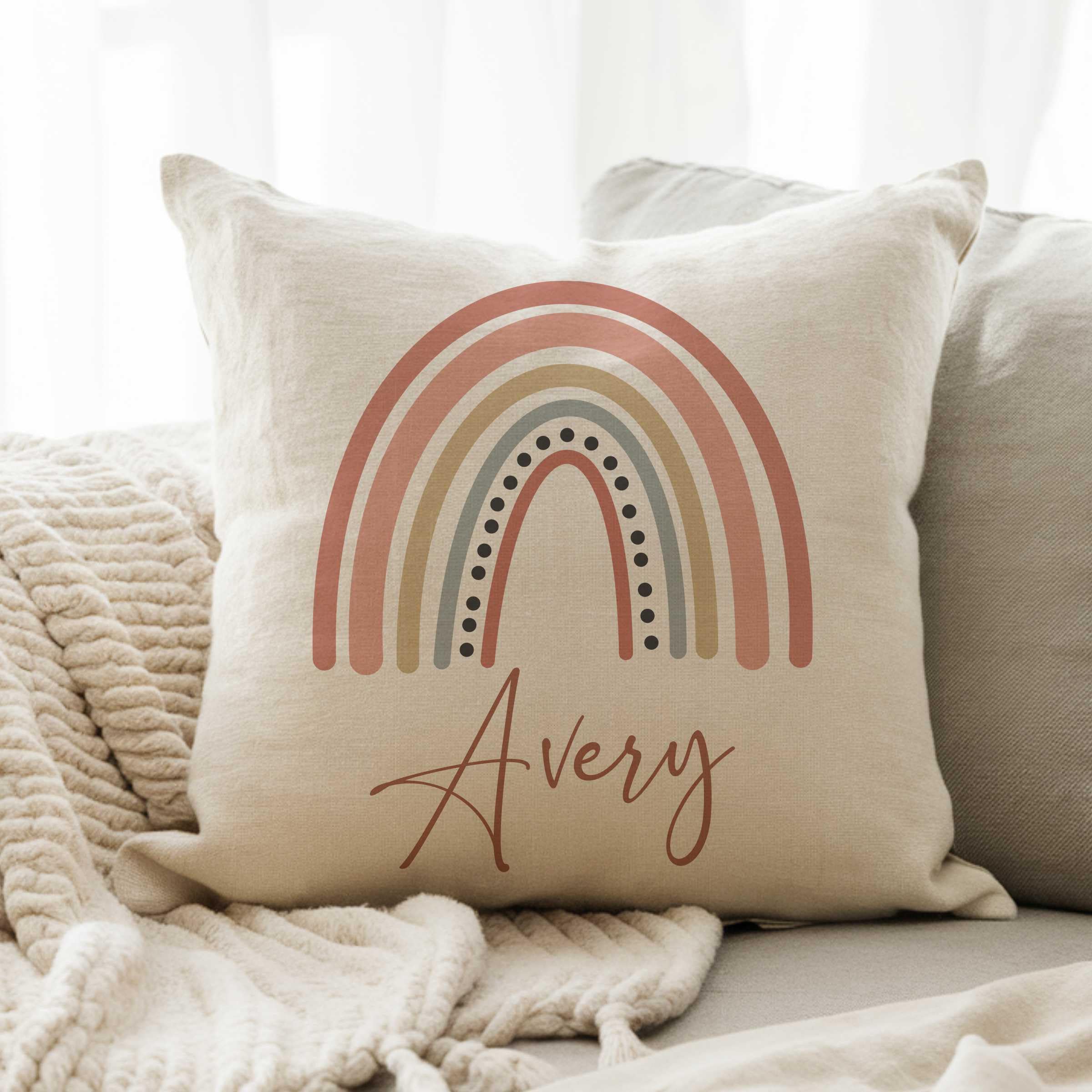 MRC Wood Products Personalized Boho Rainbow Pillow Cover with Custom Name - Unique and Colorful Cushion Case for