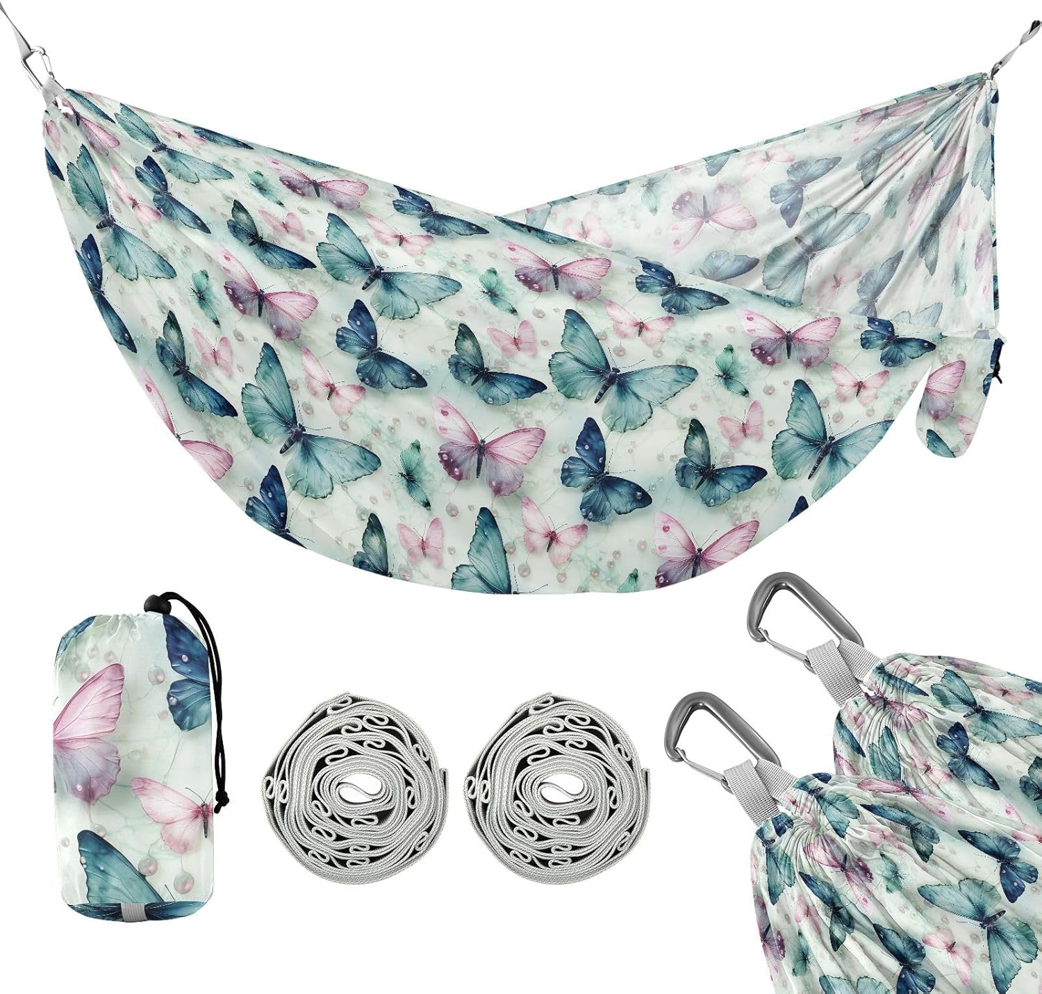 ALAZA Watercolor Butterfly Camping Hammocks Single or 2 Person 500 lbs Portable Parachute Travel Hammock w/Tree Straps for Hiking Backpacking Indoor Outdoor