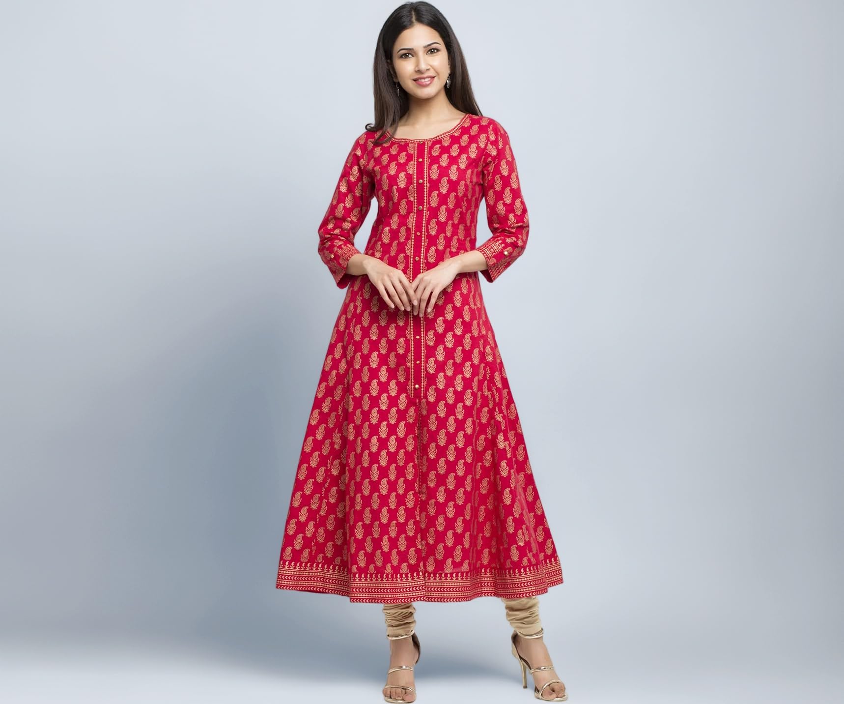 Yash Gallery Women's Cotton Relaxed Fit Anarkali Plus Size Gold Printed Kurta