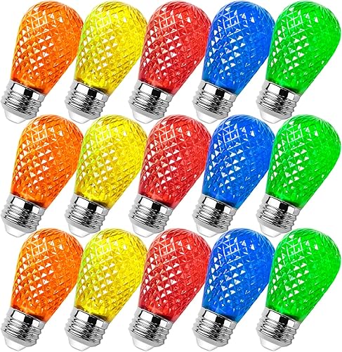 ROMANJOY Paquete de 15 bombillas LED S14 de colores, base E26 de 0.5 W, multicolor (rojo, naranja, azul, verde, amarillo) bombilla de repuesto