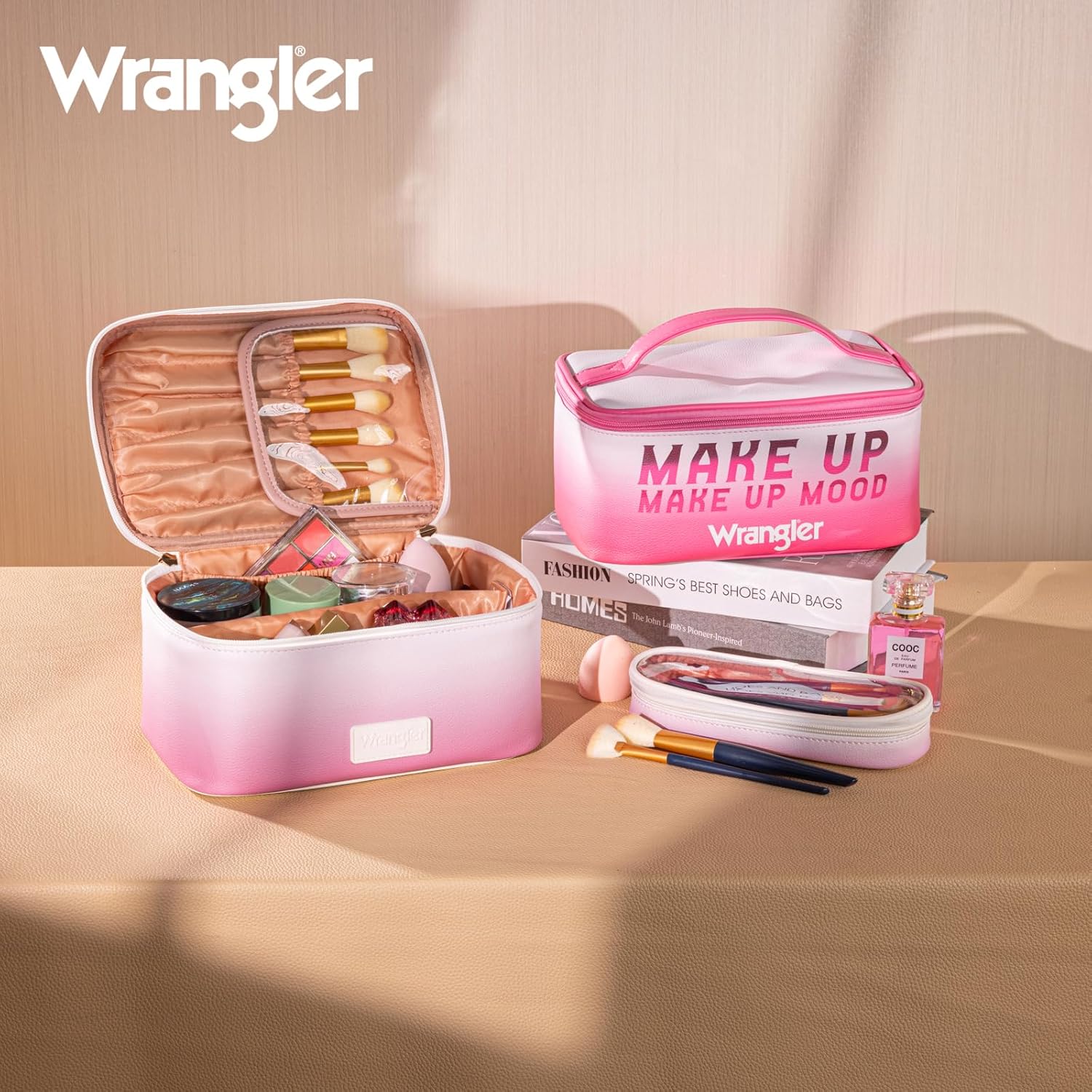 Montana West X Wrangler Travel Makeup Bag 2pcs Set Large Cosmetic Bag with Makeup Brush Holder Portable Make Up Organizer Cute Toiletry Bag with Divider and Handle for Women Gradient - Image 6