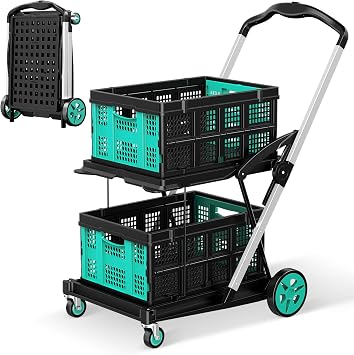 Collapsible Shopping Cart, 8-in-1 200LBS Multi Functional Utility Cart with 2 Storage Crate, Adjustable Handle Grocery Cart on Wheels for Shopping/Warehouse/Office/Supermarket - Blue