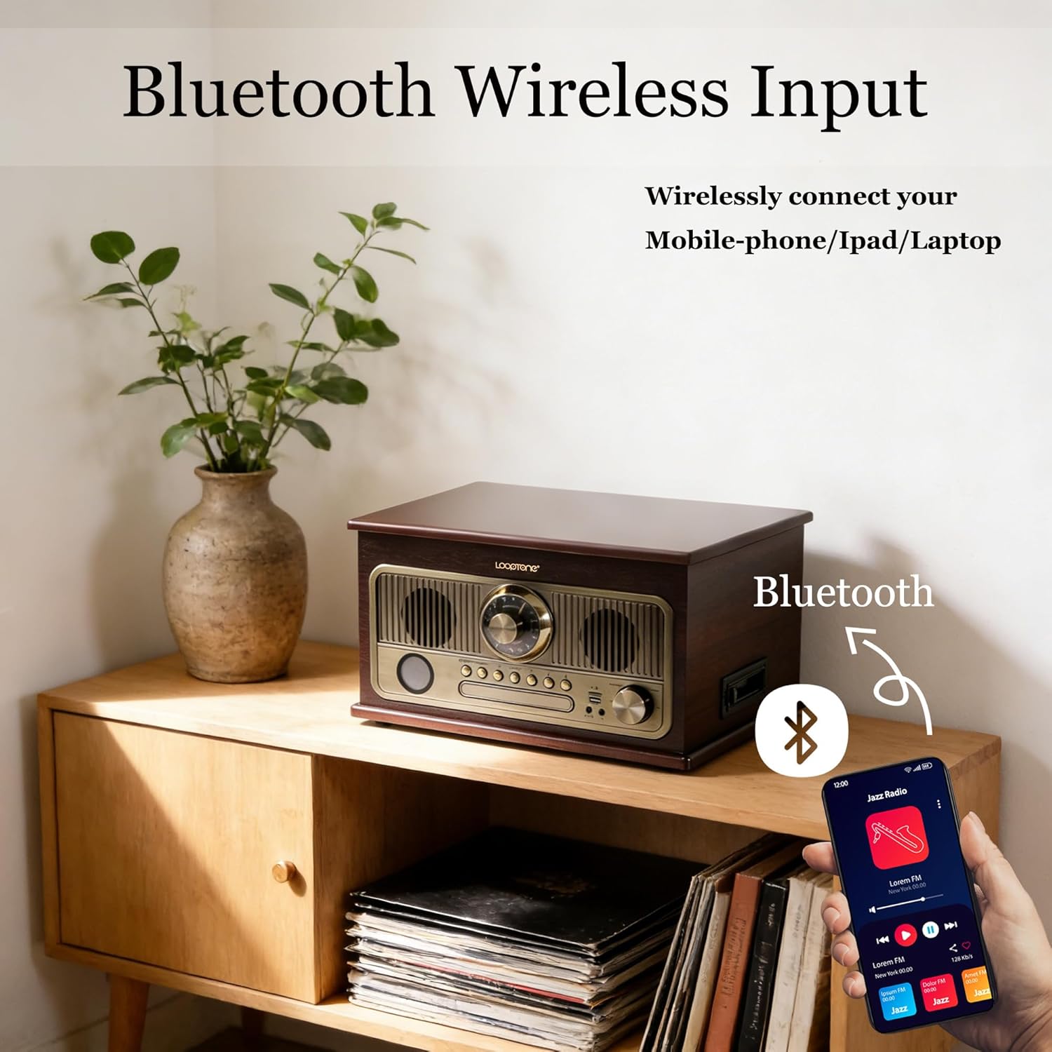 LoopTone All in One Bluetooth Vintage Turntable with 3 Speed Vinyl Record Player,CD Player/Cassette Tape/USB/TF Card,AUX in,FM/AM Radio,RCA Out,Recording