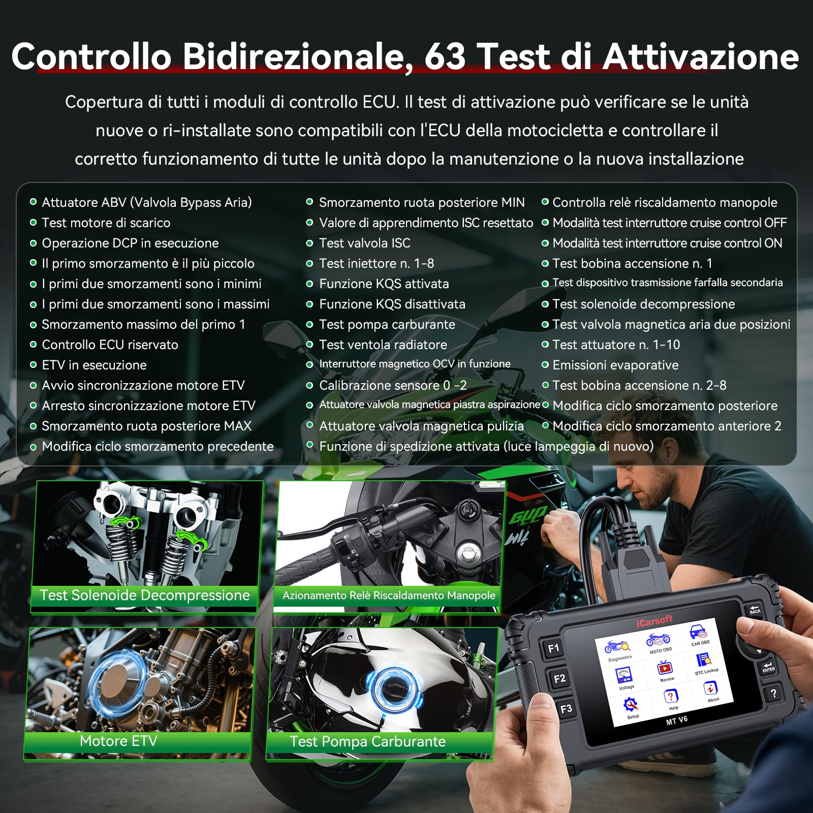 Motorrad Diagnosegerät für Kawasaki, iCarsoft MT V6 Motorrad Alle System Scan Werkzeuge mit Alle Aktuationstests, Sonderfunktionen, Batterietest, Lesen/Löschen von Fehlercodes