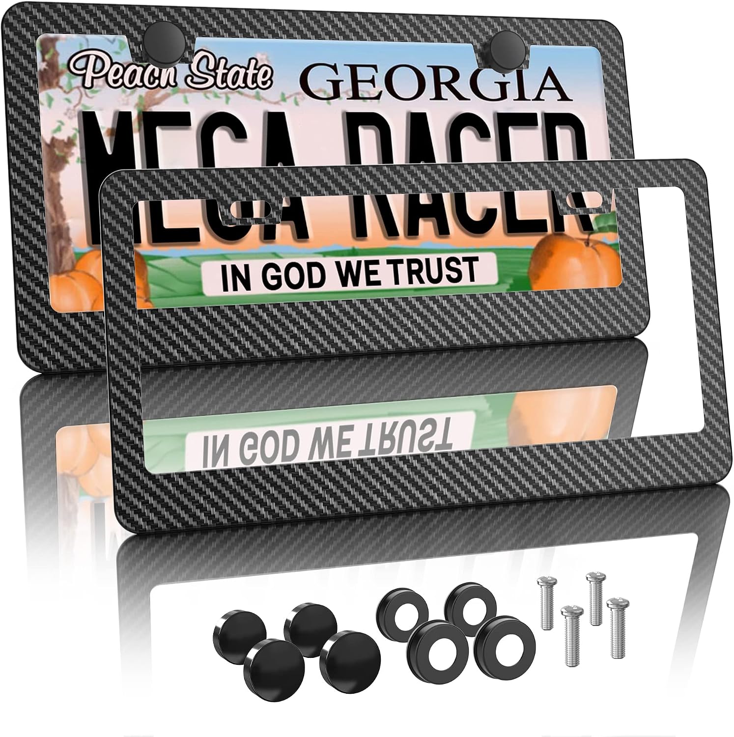 Mega Racer Front and Back License Plate Frames Carbon Fiber Printed Pattern - Black Aluminum Metal with Stainless Steel Plate Screws and Black Plastic Caps (Pack of 2)