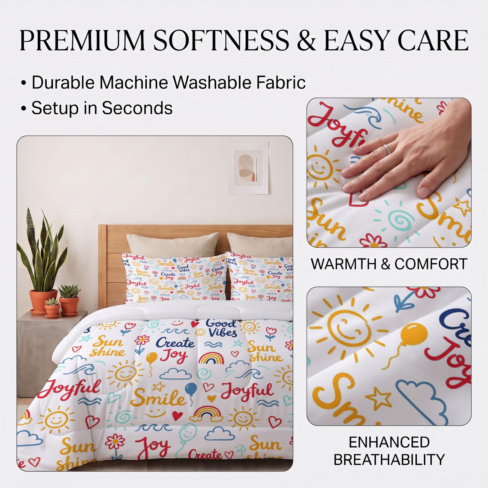 Citazioni Motivazionali Piumone Matrimoniale 200x200cm Reversibile Trapuntino Copriletto Leggera Graffiti Sole Nuvole Coperta Trapuntatura Morbido Alternativo in Piuma con Federe, Bianco