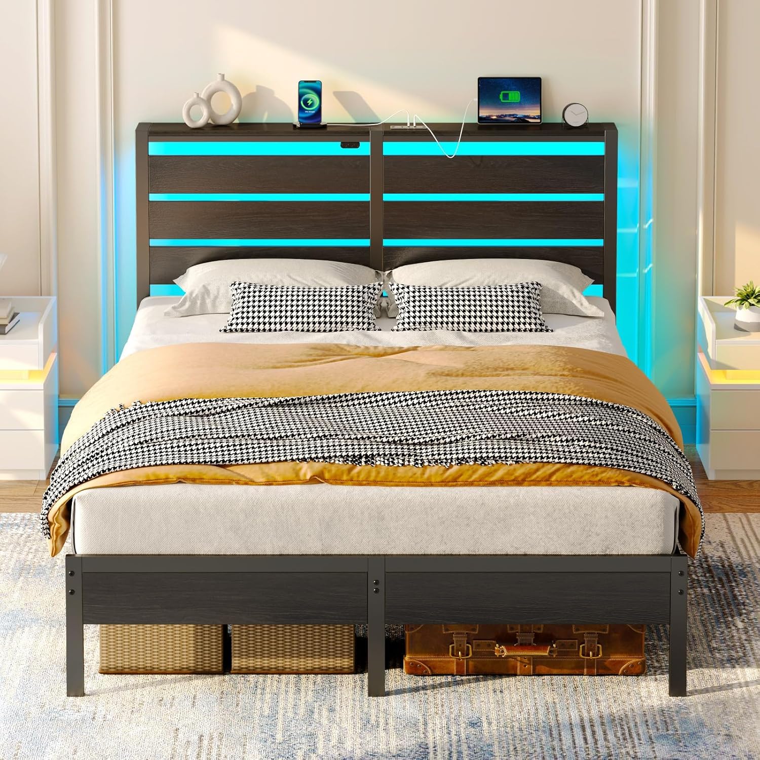 Rolanstar Lit 140x200 avec Sommier Métal, Cadre de Lit 2 Personnes avec Éclairage LED d’Ambiance, Ports USB & Type-C, Tête de Lit avec Rangement, Noir