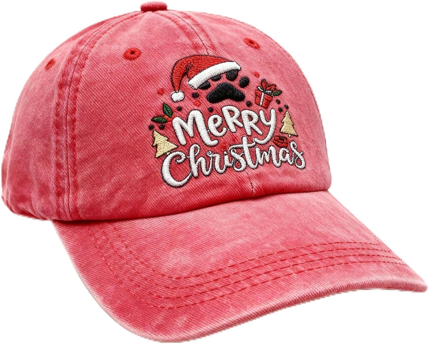 Christmas Hat for Women Men Baseball Cap Embroidered Adjustable Washed Distressed Xmas Holiday Party Burgundy