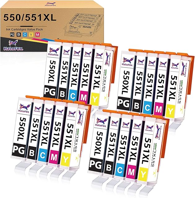 Halofox Compatible Ink Cartridges Replacement for Canon PGI-550 XL CLI-551 XL for Canon PIXMA IP8750 IP7250 IX6850 MG5650 MG5550 MG5450 MX925 MG6450 MX725 MG6650 MG7150 IP7200 MG5600(20 Pack)