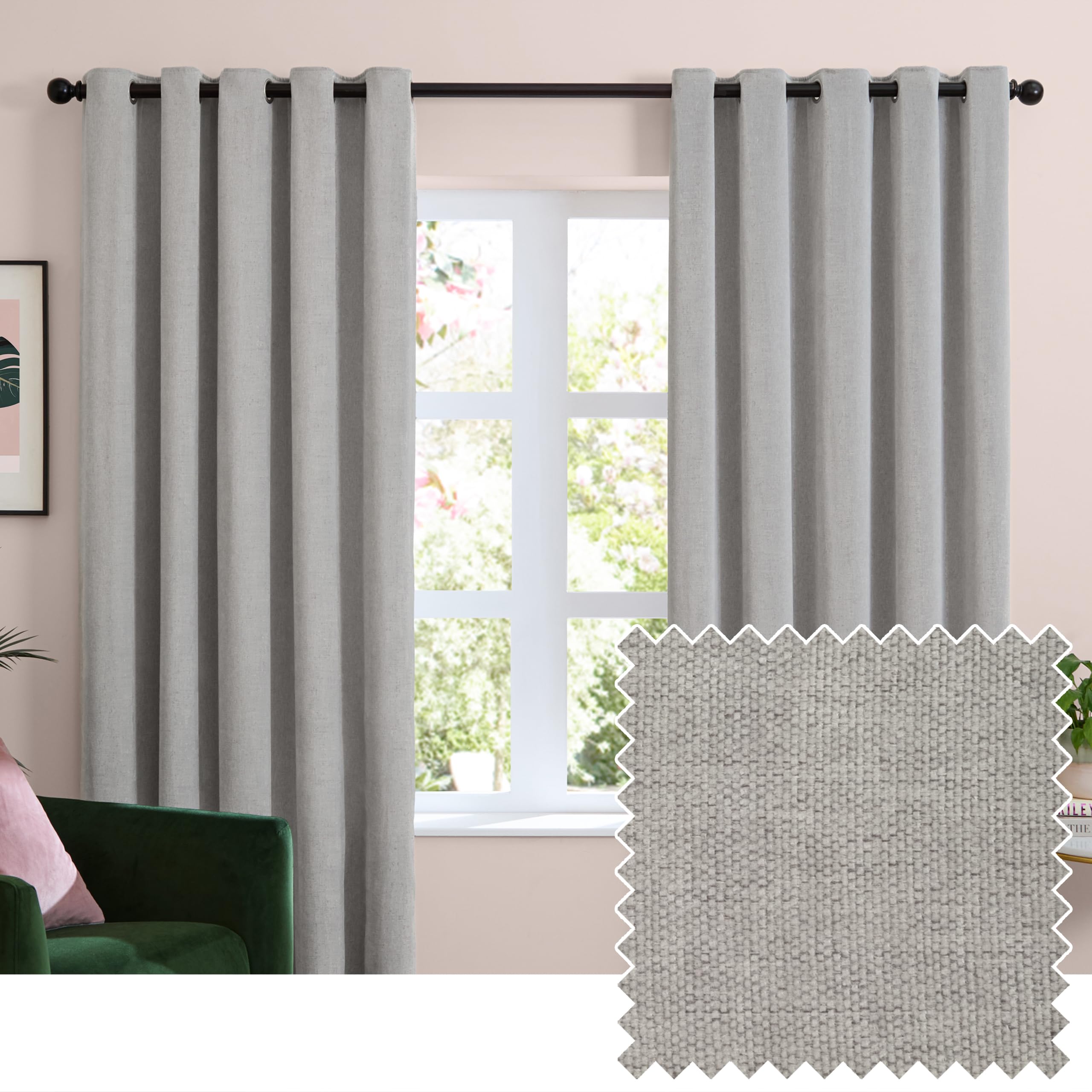 Furn Soft Chenille Blackout Eyelet Curtain Pair in Silver | Size: 229cm width x 183cm drop