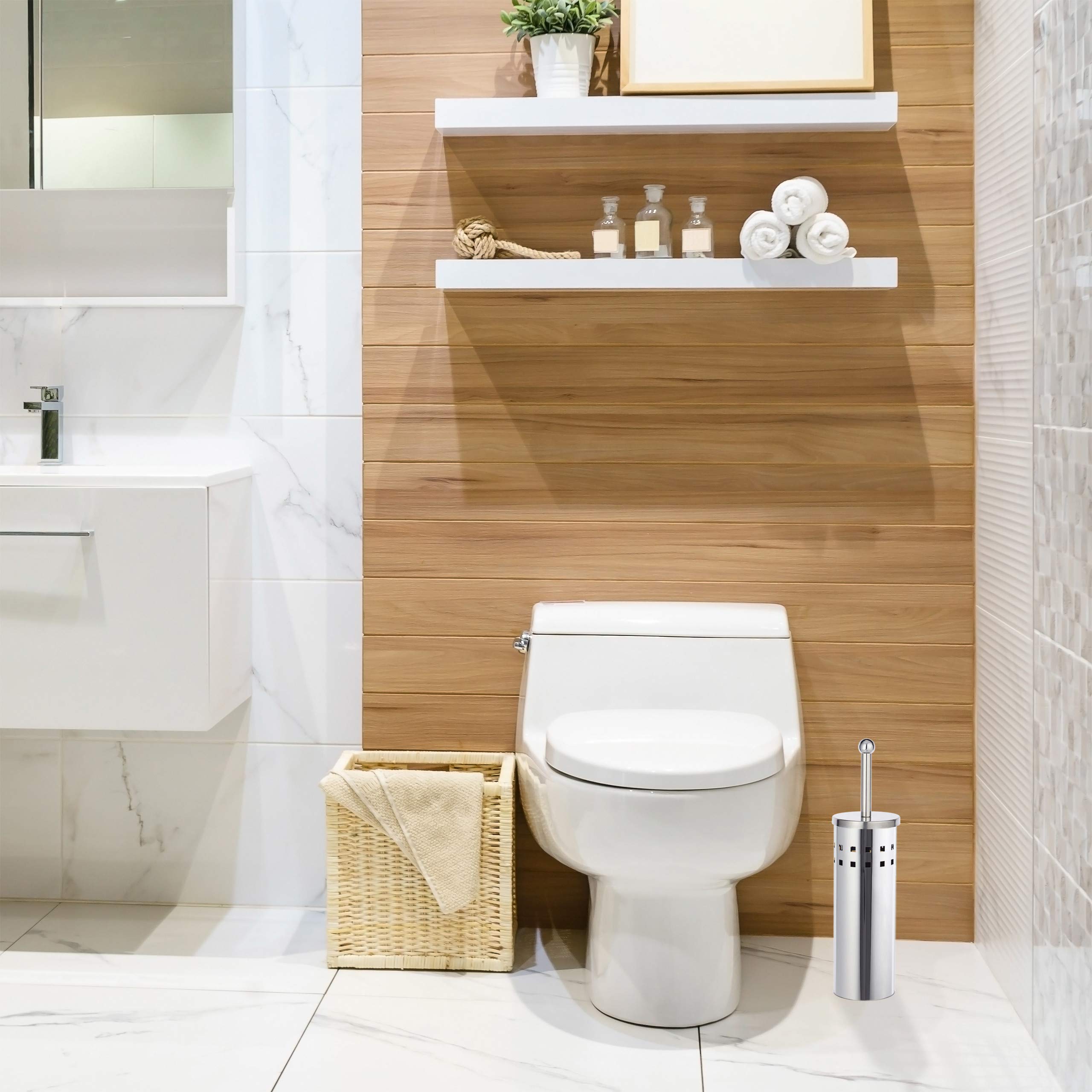 Relaxdays WC Garnitur rund, Toilettenbürstenhalter, wechselbare WC Bürste, freistehend, aus Edelstahl, Silber/schwarz