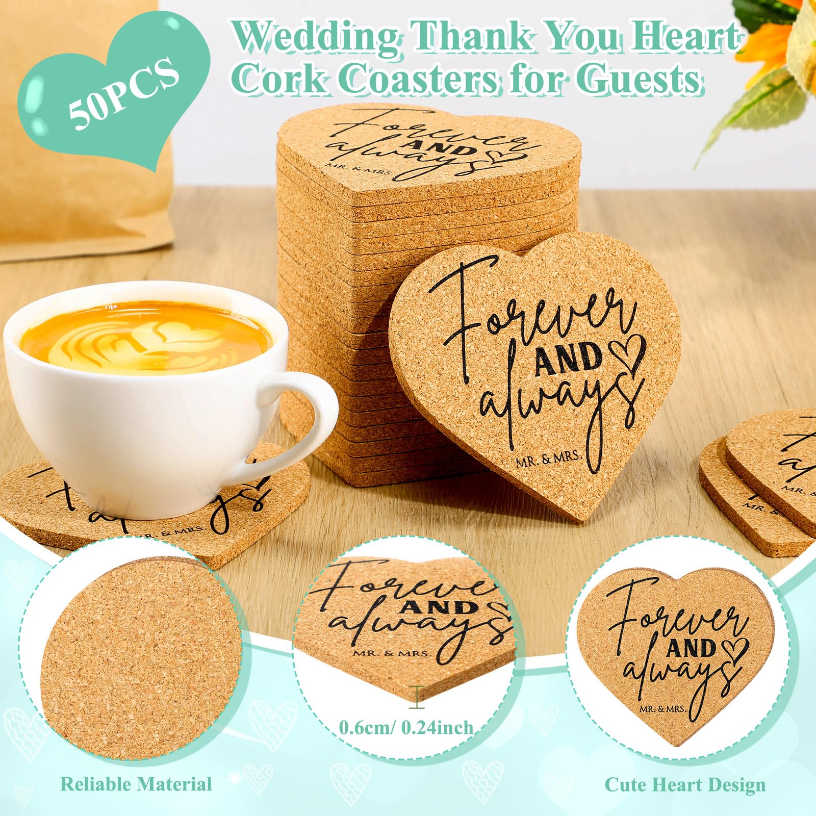 Uiifan Juego de 50 posavasos de corcho con forma de corazón para invitados, regalos de boda, tarjetas de agradecimiento a granel y bolsas de organza, regalos de despedida de soltera, recuerdos de