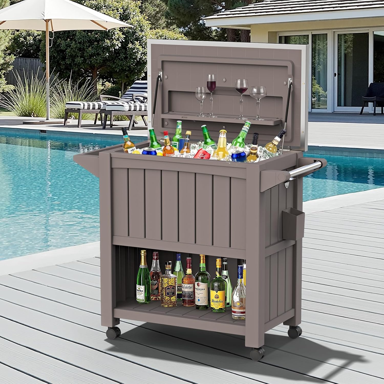 120-Quart Patio Cooler with Wheels, Outdoor Portable Rolling Cooler with Bottle Opener & Shelves, Stainless Steel Lid, Backyard Rolling Ice Chest for BBQ Party Camping Cookouts, Light Brown