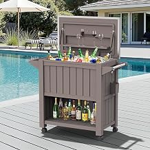 120-Quart Patio Cooler with Wheels, Outdoor Portable Rolling Cooler with Bottle Opener & Shelves, Stainless Steel Lid, Backyard Rolling Ice Chest for BBQ Party Camping Cookouts, Light Brown