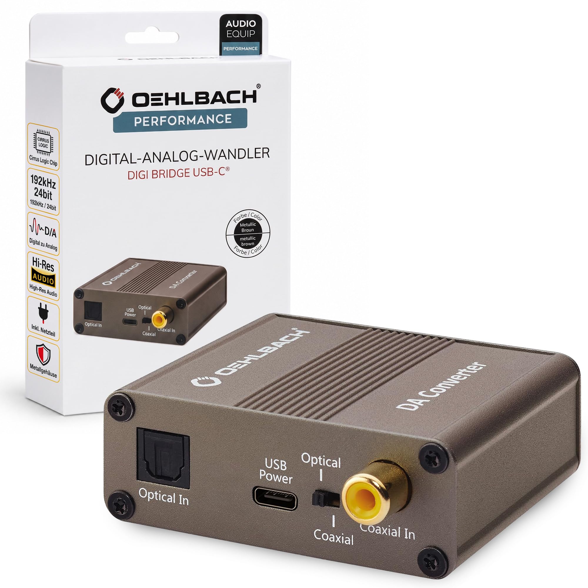OEHLBACH Digi Bridge Convertisseur audio numérique/analogique coaxial/optique, R-L/jack, connecteur d'alimentation USB de type C, puce Cirrus Logic, marron