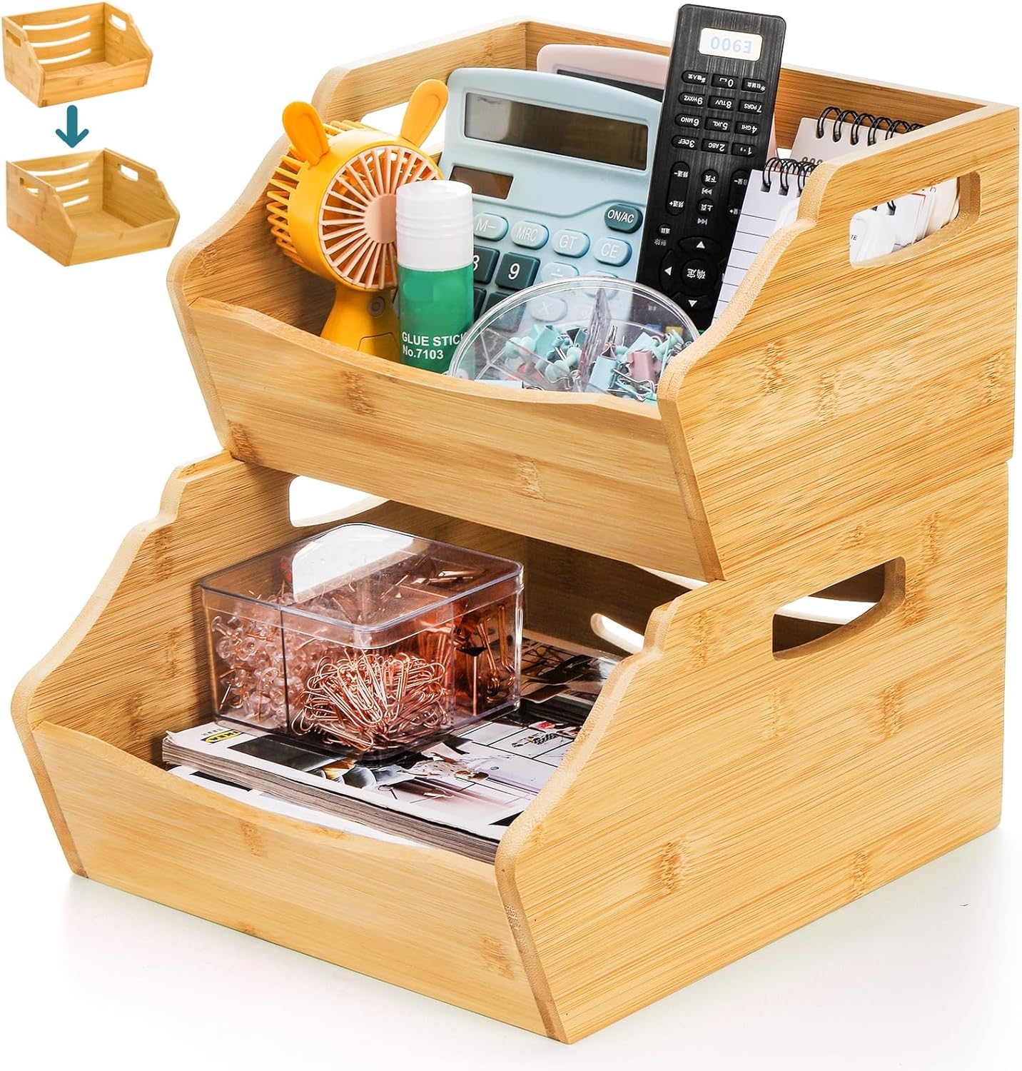 2 Pack Bamboo Stackable Storage Bin, Countertop Open Front Stacking Bins, 2 Tier Organize Basket Box with Handle, Food Fruit Container for Cabinet, Kitchen, Studio, Office