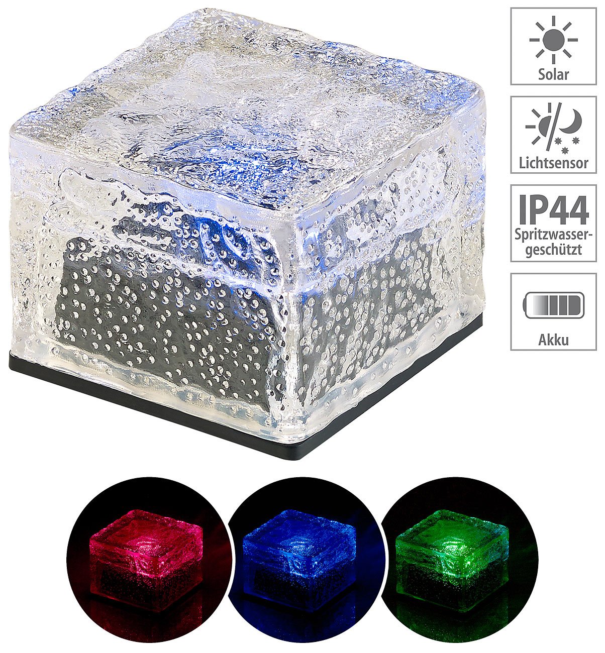 Lunartec Solar Stein: 4er-Set Solar-RGB-LED-Glasbausteine, Dämmerungsssensor, 7 x 5,4 x 7 cm (Solarleuchten Pflastersteine, Bodenleuchte Pflaster, Rasen)