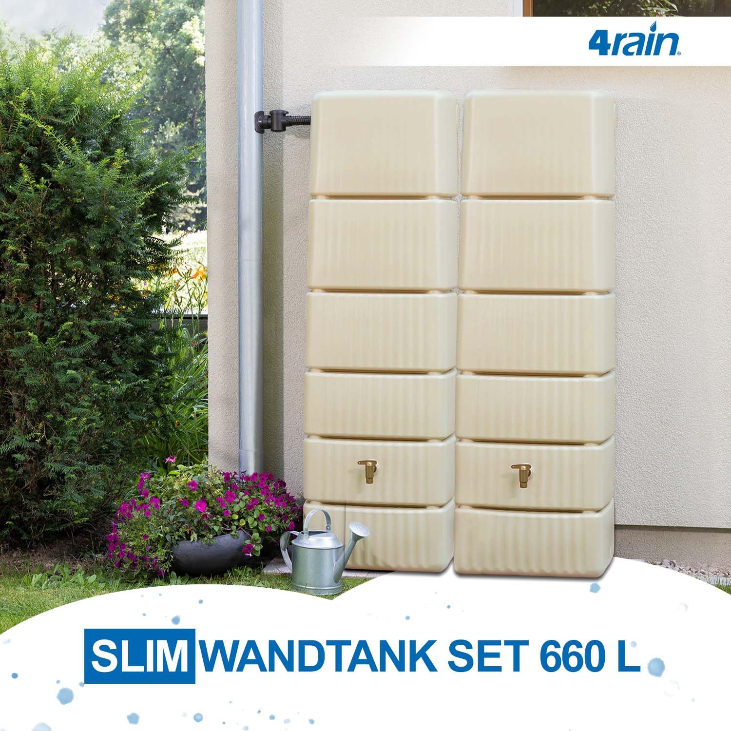 4rain Slim Regentonne Set 660 L, sandbeige, 2X Slim 330 L, inkl. Verbinder | Wandtank, Wassertank, Regenfass, Regenwassertonne, Wasserbehälter, Fass, Regenwassertank, Wasserfass, Wassertonne