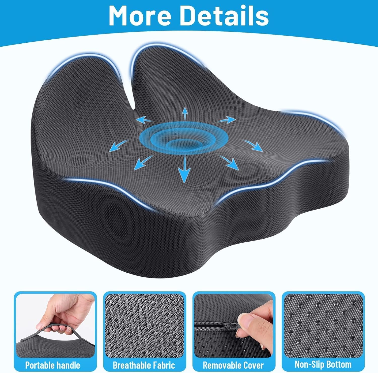 Seat Cushion, Memory Foam Office Chair Cushions, Ergonomic Curved Design for Sciatica, Tailbone, Coccyx, Seat Support for Car, Desk Chair, Wheelchair, Enhances Long Sitting Comfort (Grey) - Image 3