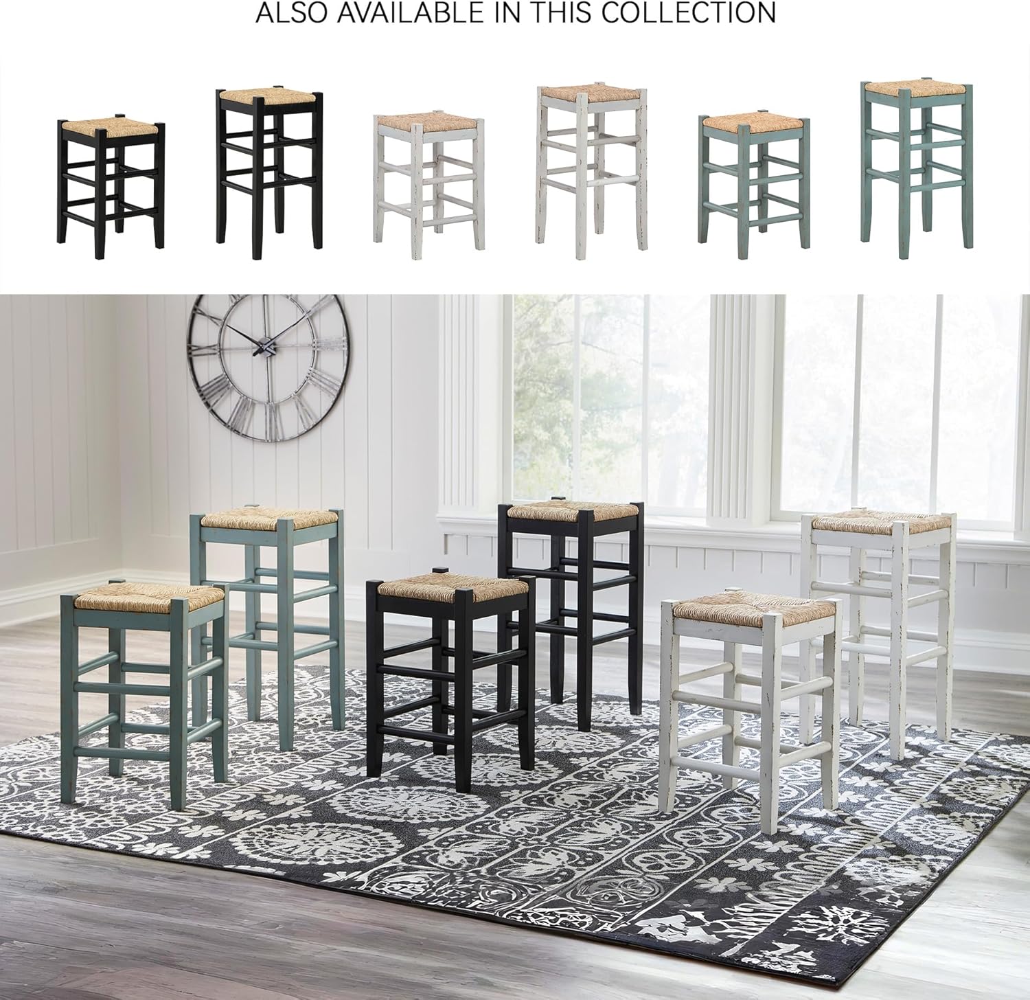 Signature Design by Ashley Mirimyn Farmhouse 23.63" Counter Height Bar Stool with Woven Wicker Seats, 2 Count, Black & Light Brown