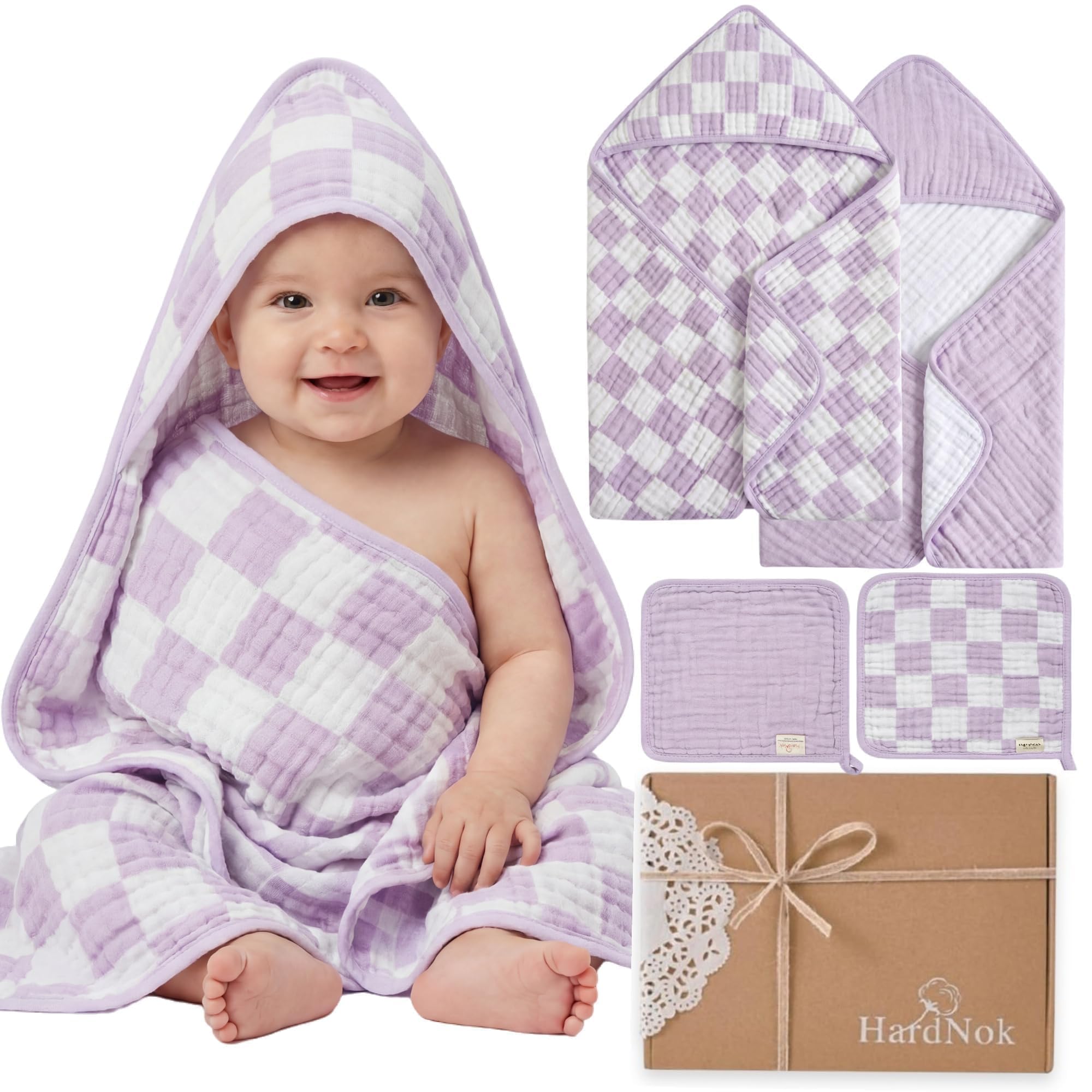 Muslin Baby Bath Towels Set Organic Cotton Blend (Purple Check)