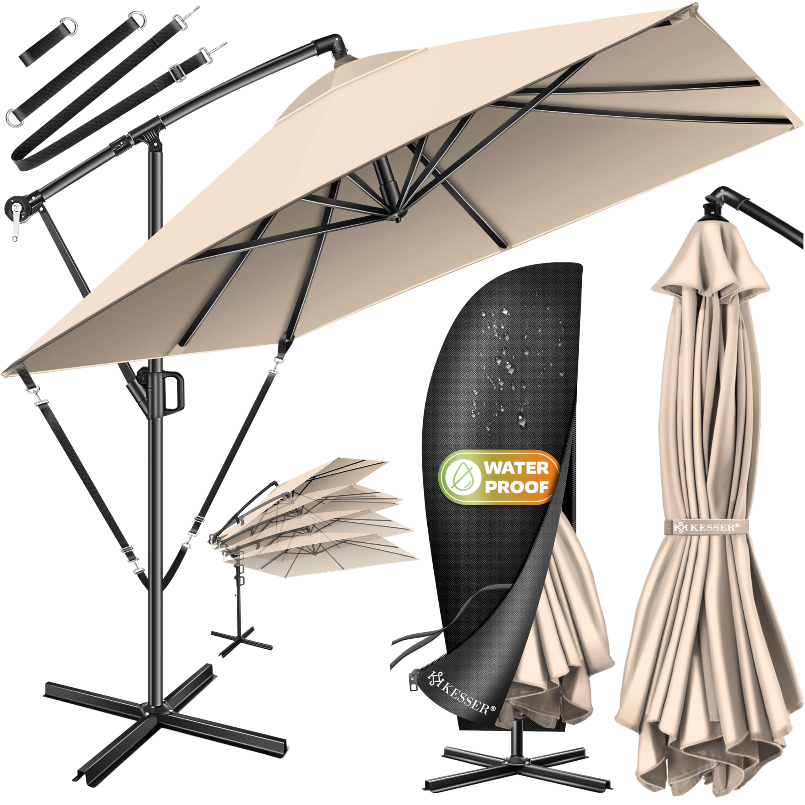 KESSER® Sonnenschirm 250x250cm, Kurbelschirm, Sonnenschirm Balkon, Garten, Sonnenschutz, Gestell & Ständer aus Alu + Kurbel, UV-Schutz, wasserdicht + Windfest, 360° Funktion + Schutzhülle, Beige