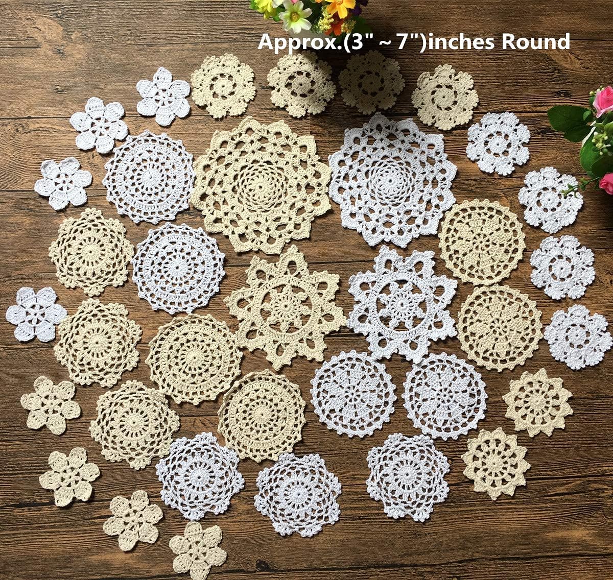 Black Friday - 40% OFF MINDPLUS Set of 36 Small Hand Crochet Doilies Mini Cotton Crocheted Lace Doilies for Crafts ,3-6 Inches White Beige