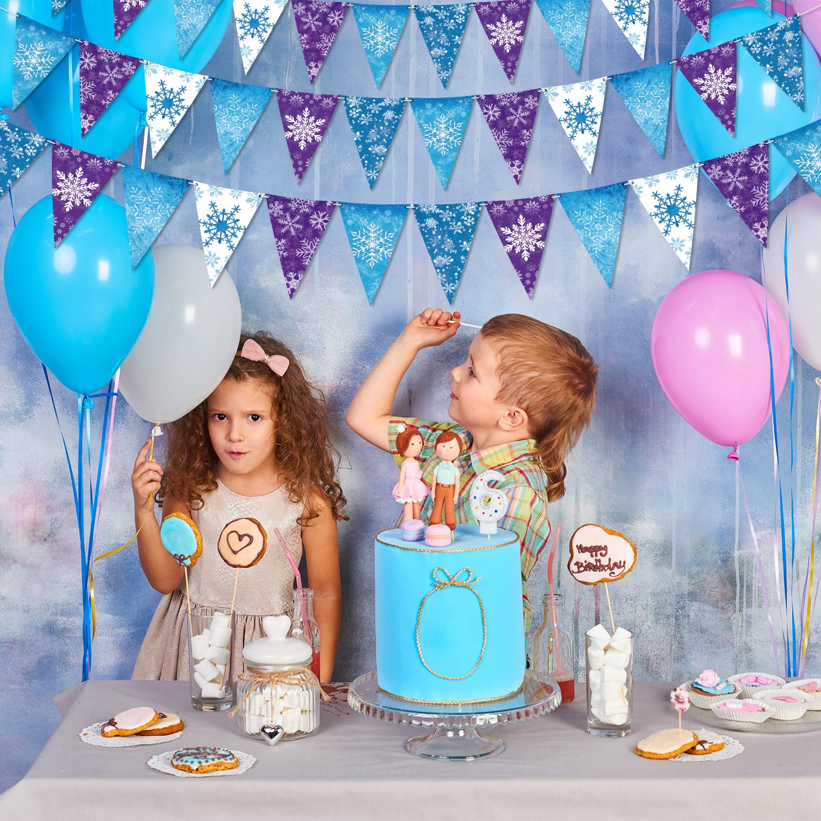 Hestya 15 m Schneeflocken Wimpelkette Banner Frozen Winter Wimpel Banner Schnee Doppelseitige Papier Dreieck Flaggen Girlande Luftschlangen für Schneeflocke Hochzeit Weihnachten Geburtstag Party