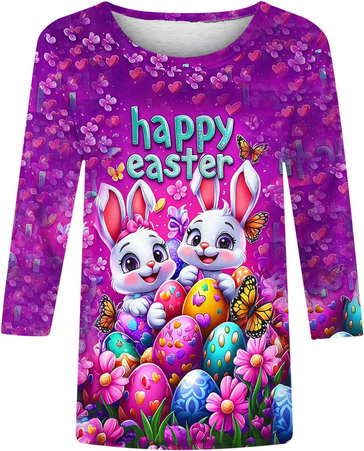 Easter Shirts for Women 3/4 Length Sleeve Holiday Blouse Funny Bunny Egg Graphic Tees Fashion Crew Neck Tops 2026