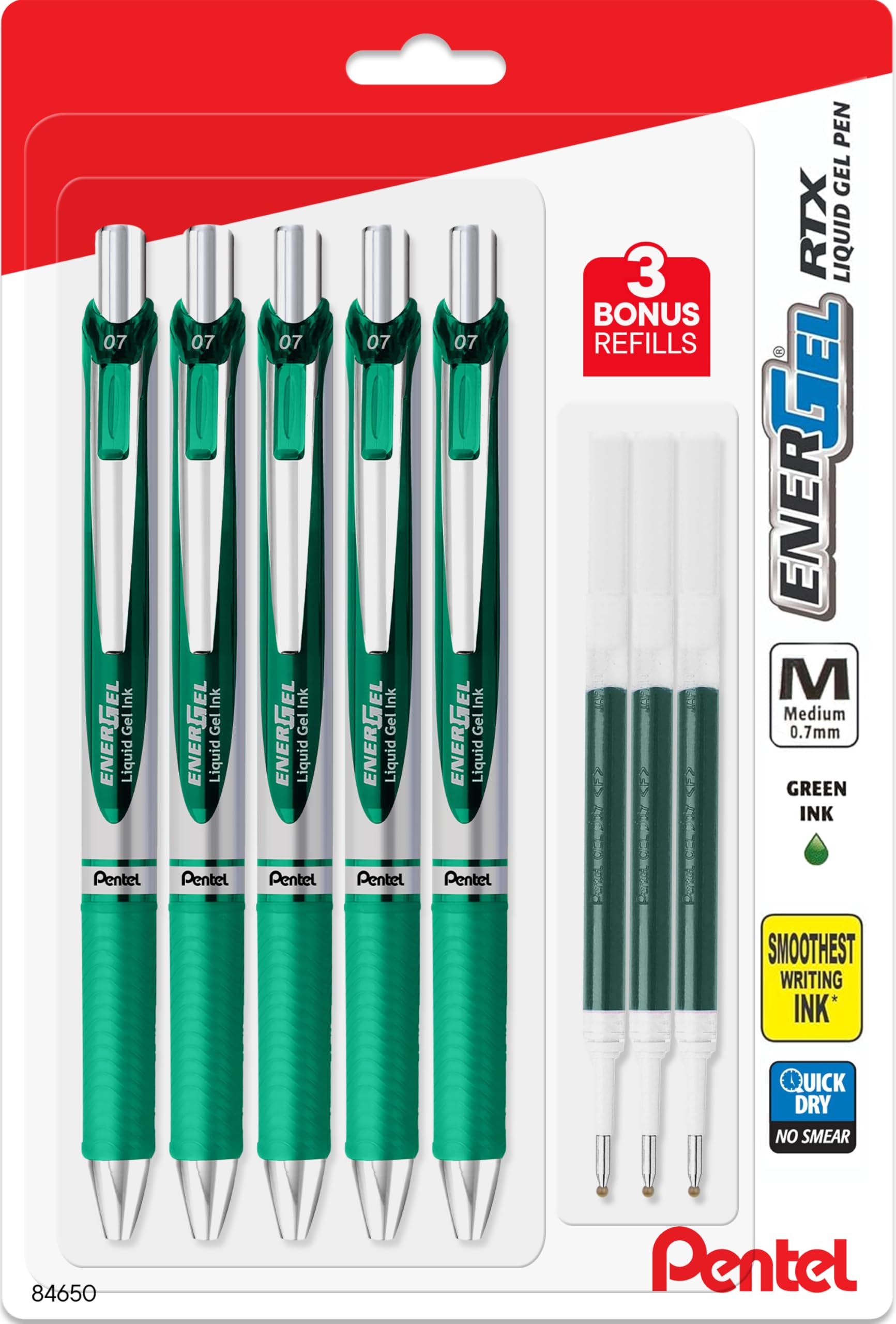 Pentel Energel 0.7 mm Liquid Gel Ink Pens - Pack of 5 Green Deluxe RTX Pens with 3 Refills