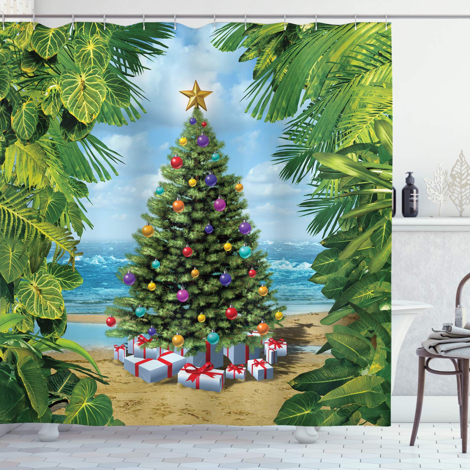 Ambesonne Christmas Shower Curtain, New Year Concept on a Tropical Sandy Beach Present Boxes and Plants Theme, Cloth Fabric Bathroom Decor Set with