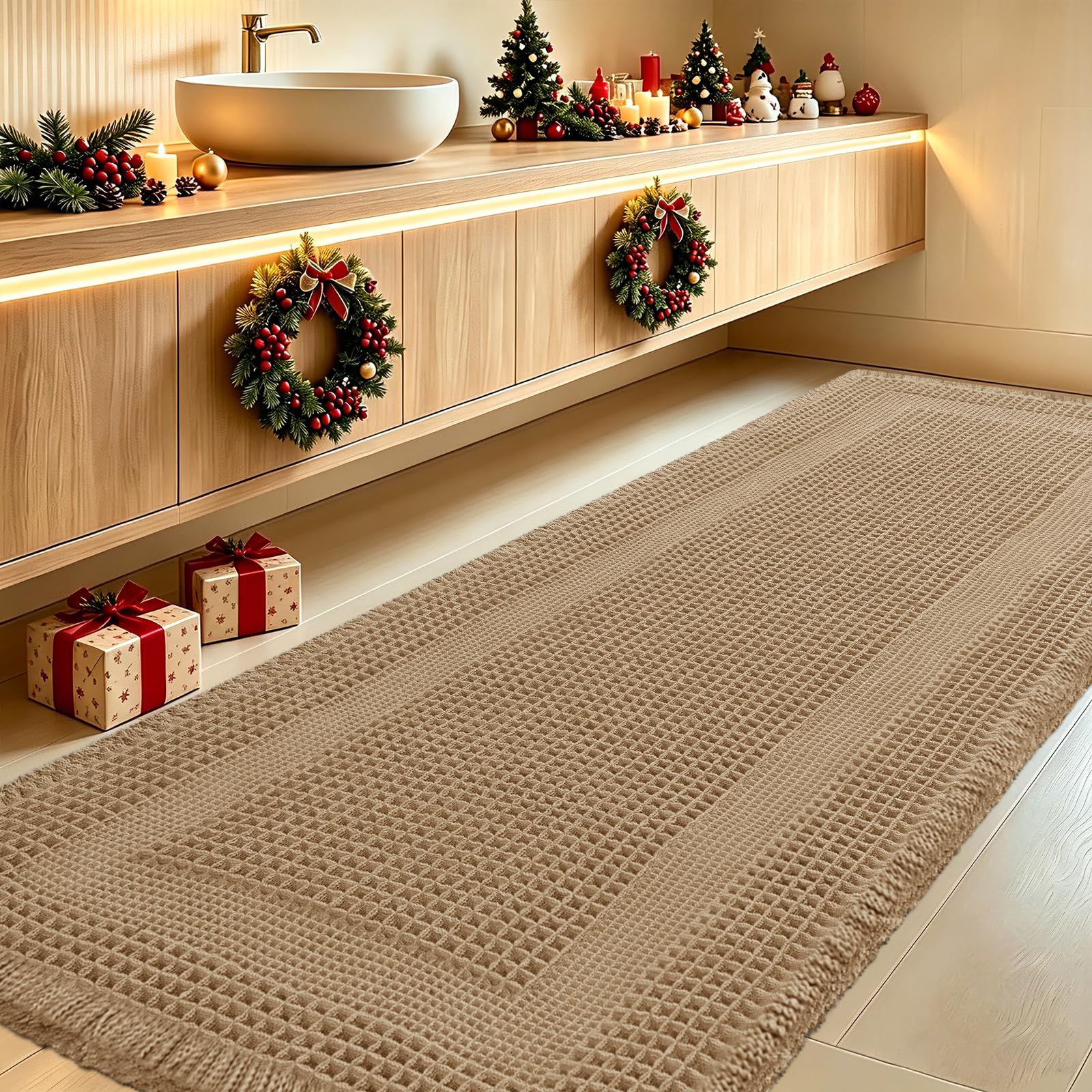 IM HOME Extra Large Waffle Bath Mat, Boho Bathroom Rugs Absorbent Non Slip, Soft Bathroom Mats, Machine Washable Knit Bath Rugs with Tassels for Bathroom, Bedroom, Kitchen, Shower, Tub, Beige, 5'x2'