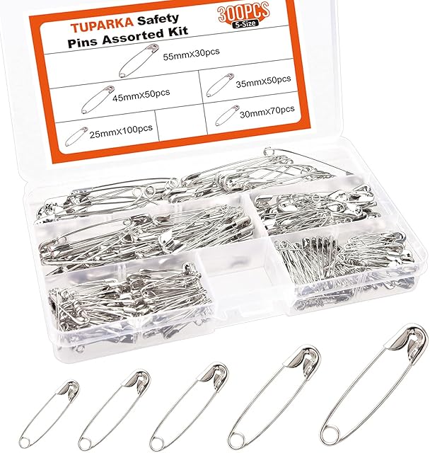 TUPARKA 300 Pcs Assorted Safety Pins Nickel Plated Pins for Clothing Crafts Arts,5 Sizes (25,30,35,45,55mm)