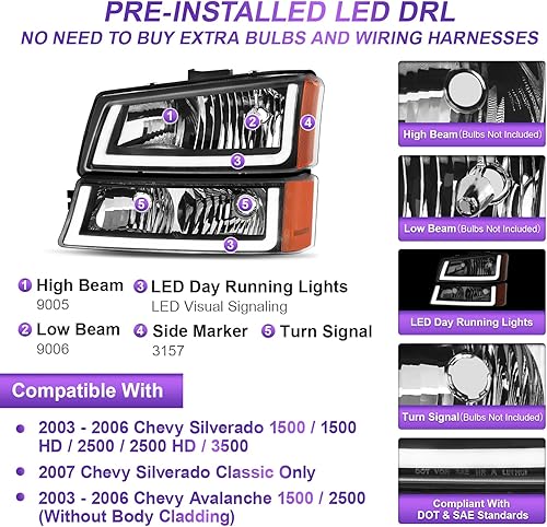 Miniatura 2 de Conjunto de faros delanteros LED DRL para Chevy SilveradoAvalanche 1500 1500HD 2500 2500 2500HD 350007 Classic, 03 04 05 06, no apto para cuerpo de