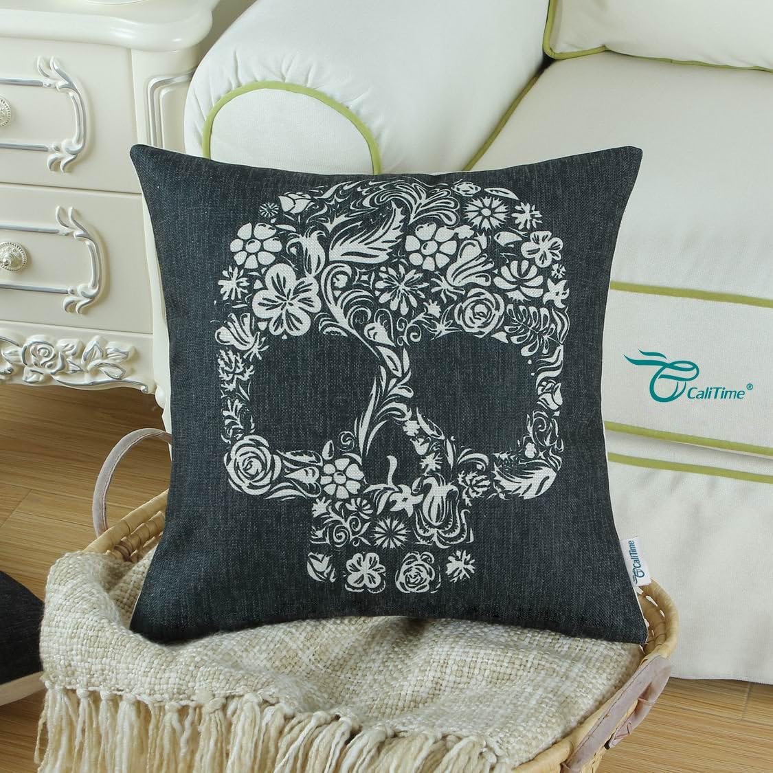 CaliTime Canvas Throw Pillow Case Shell for Couch Bed Home Decoration Halloween Floral Skull 18 X 18 Inches Black