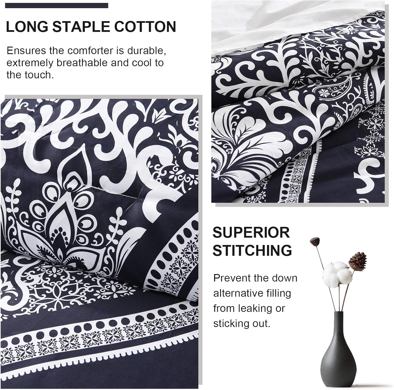 Cotton Queen Comforter Set, Navy Vintage Damask Fluffy Comforters Bedding Sets, Lightweight Soft Quilted Warm Bed Comforter for All Season 3 Piece with Pillow Shams - Image 5