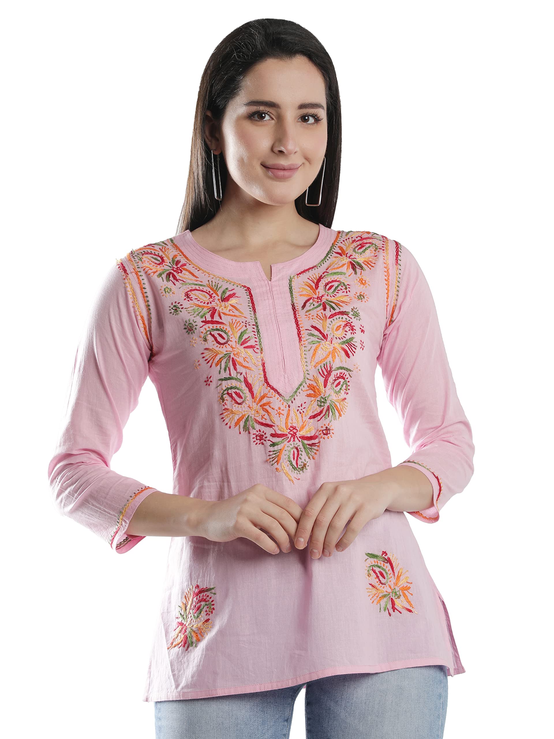 Hand Embroidered Lucknowi Chikankari Cotton Short Kurti Tunic Top for Women SCL4076-image-48