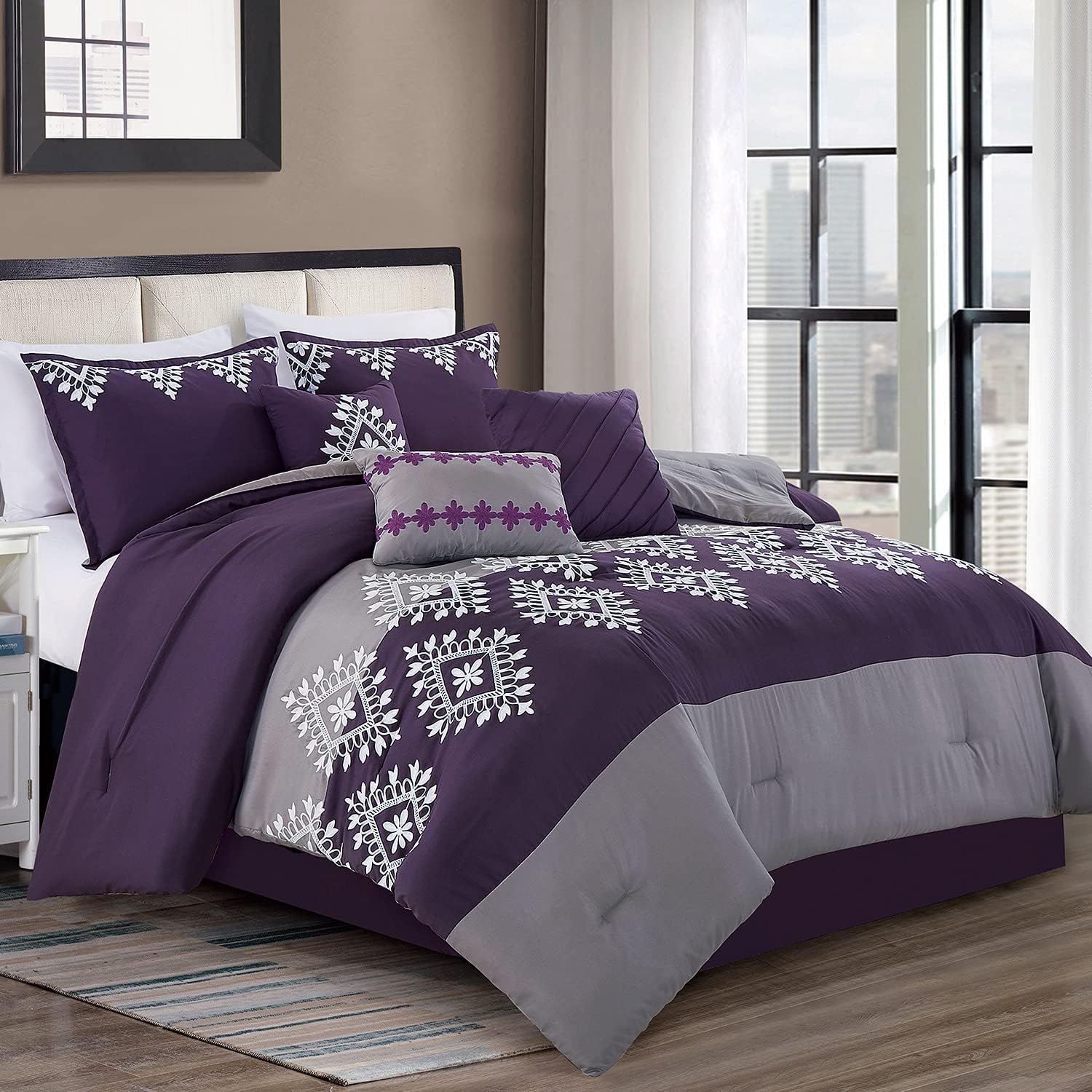 JML Queen Comforter Set, 7 Piece, Purple | Microfiber - Luxury Quilted Embroidery, Comforter with Bedskirt and Decorative Pillows