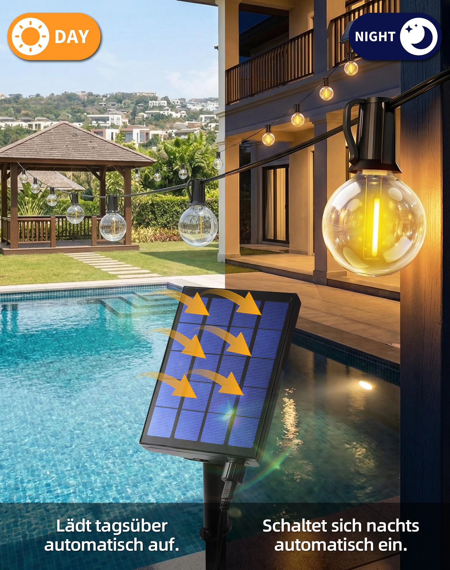 Lichterkette Außen Solar 18M 30+4 LED Glühbirnen Lichterkette Outdoor mit 3600mAh Akku, IP44 Wasserdicht, 8 Modi, Fernbedienung &Timer, Solarlichterkette für Garten, Balkon, Terrasse, Hochzeit