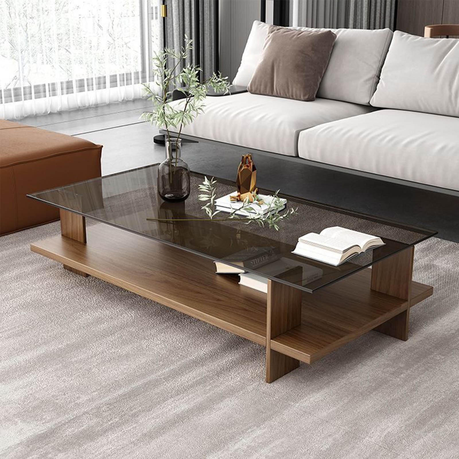 Mescxty A Rectangle Coffee Table,Modern Cocktail Table With Tempered Glass Top Nd Wood Base, 2-Tier Te Storage Shelf,Modern Ccent Center For Living Room(100X50x39cm(39X20x15inch), )