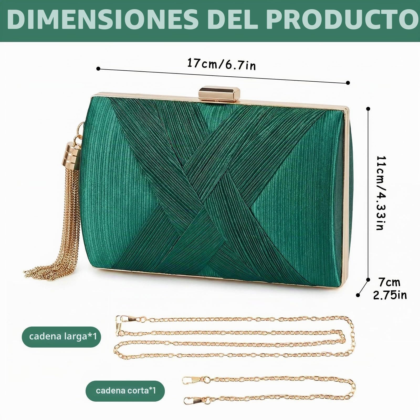 Bolso Fiesta Borla Bolso de Mano de Noche para Mujer Bolsos Fiesta Verde Satén con 2 Cadena Clutch fiesta Pequeño Bolsos de Mano para Boda Noche Cóctel Graduación Prom (17×10×7 cm)