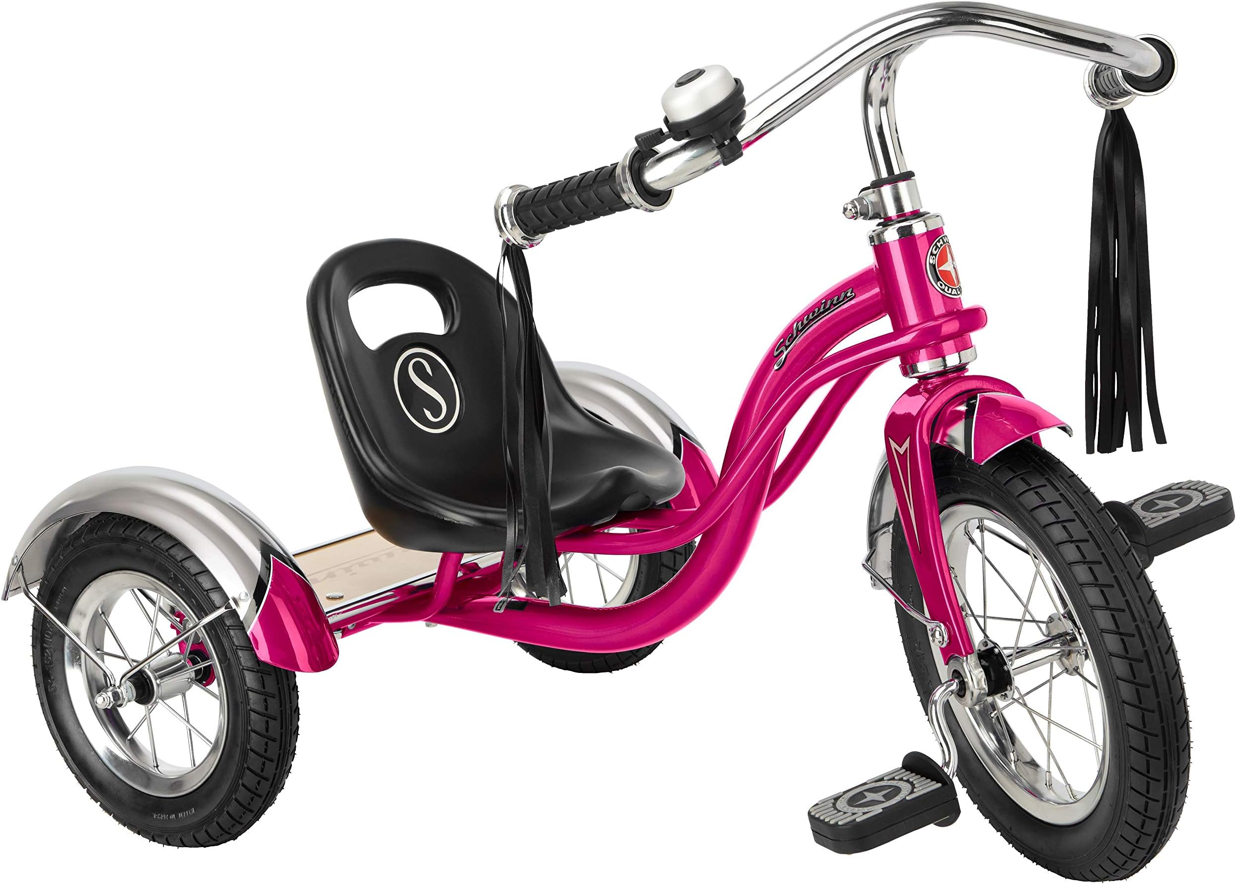 Schwinn Roadster Bike for Toddler, Kids Classic Tricycle, Low Positioned Steel Trike Frame w/Bell & Handlebar Tassels, Rear Deck Made of Genuine Wood, Boys and Girls Ages 2-4 Year Old, Bright Pink