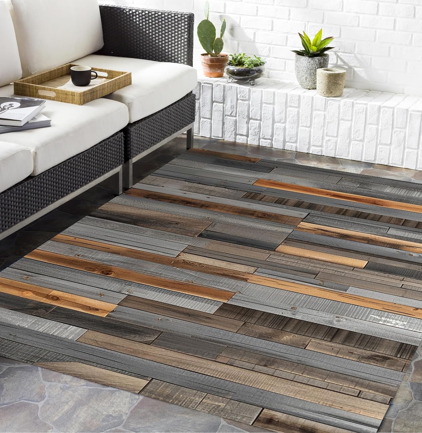 Washable Natural Wood Grain Outdoor Rug 3x8 Brown Rustic Wooden Board Outdoor Area Rug for Balcony Backyard Patio Porch Durable Easy Clean Outside Carpet Waterproof Non Slip Farmhouse Floor Rugs