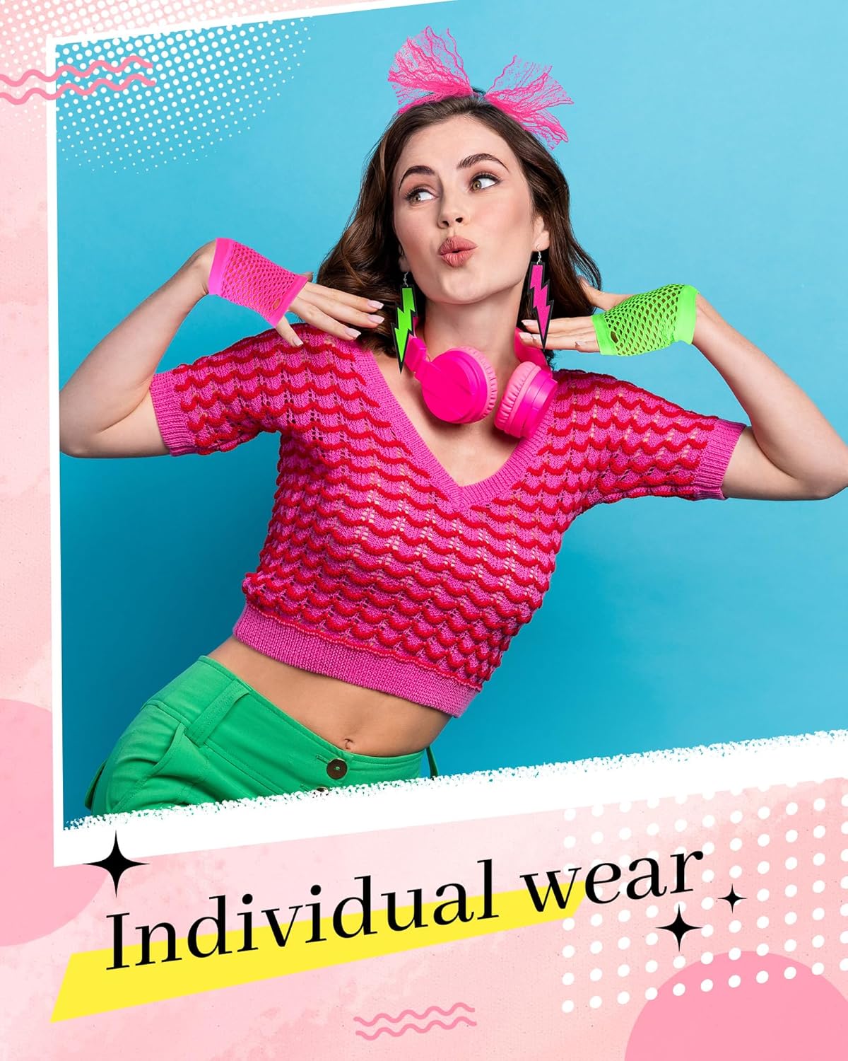 Blulu 80s Accessories for Women Lace Headband Neon Earrings Fishnet Gloves for 80s Retro Party Fancy Dress Masquerade - Image 6