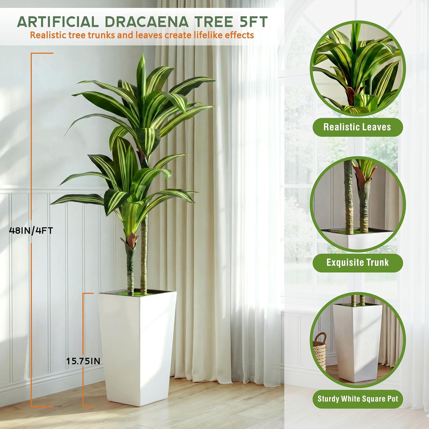 Artificial Dracaena Tree 5FT Fake Tree Indoor with White Tall Planter, Real Touch Dracaena Artificial Plants Indoor for Living Room Porch Décor Office,Housewarming