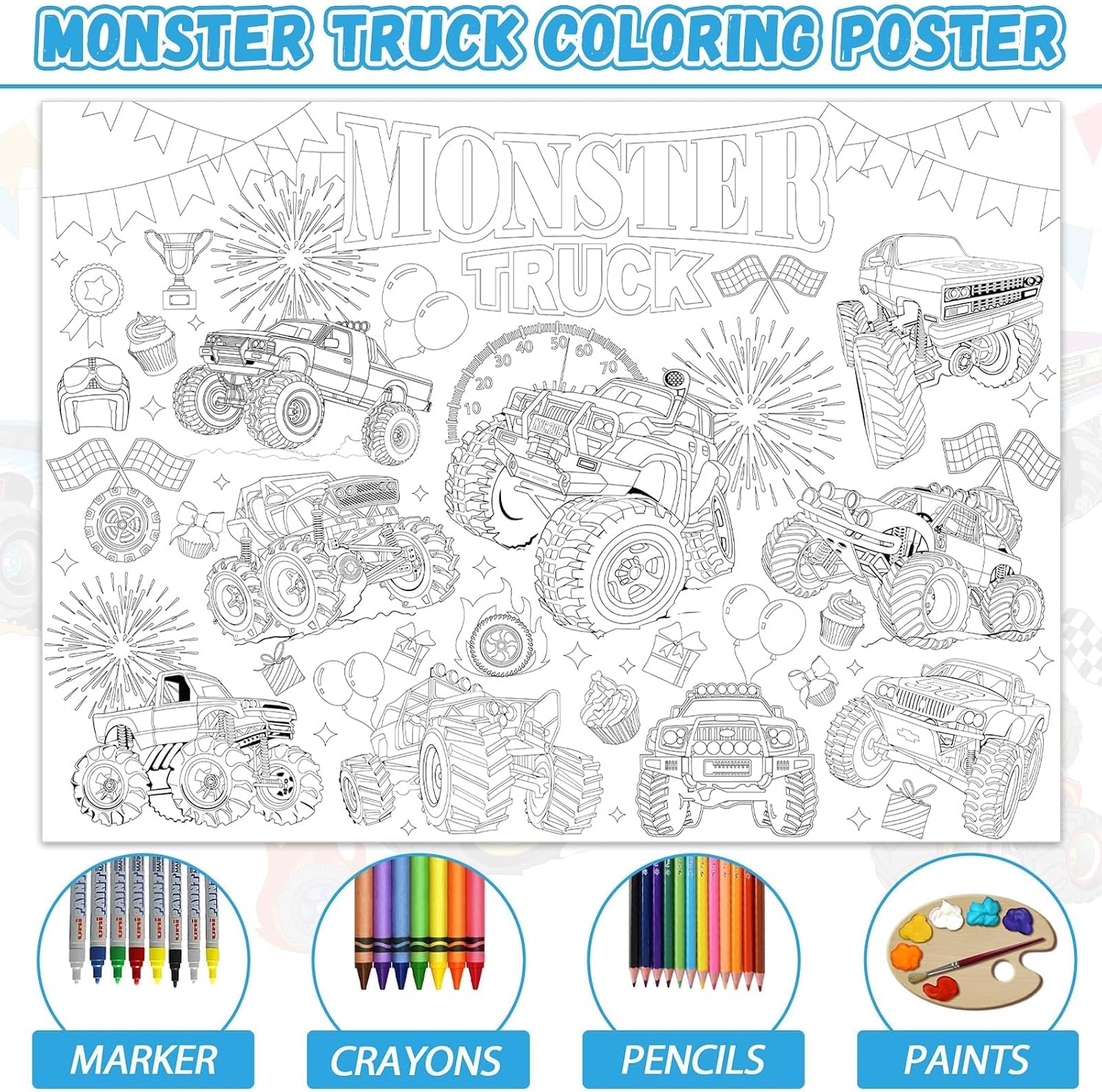 Monster Trucks Coloring Poster for Kids Giant Coloring Poster Large Monster Coloring Tablecloth Jumbo Coloring Books for Classroom Home Birthday Party Supplies Favor